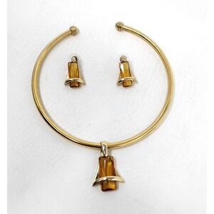 Premier Designs Gold Tone Amber Glass Pendant Choker w Post Earring Set Art Deco